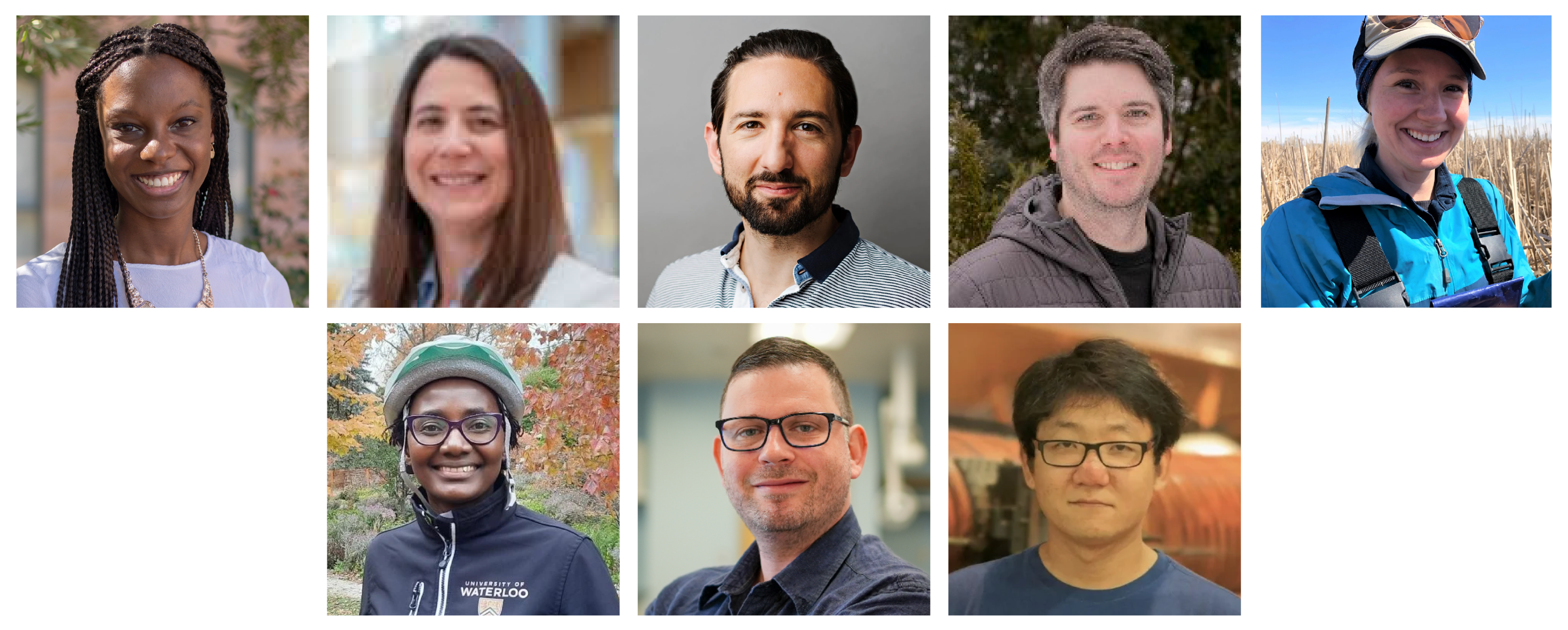 Researcher headshots. From left to right: Leah Jones-Crank, Tonya Delsontro, Roberto Guglielmi, Grand Gunn, Chantel Markle, Helena Shilomboleni, Jozef Nissimov and Zhao Pan